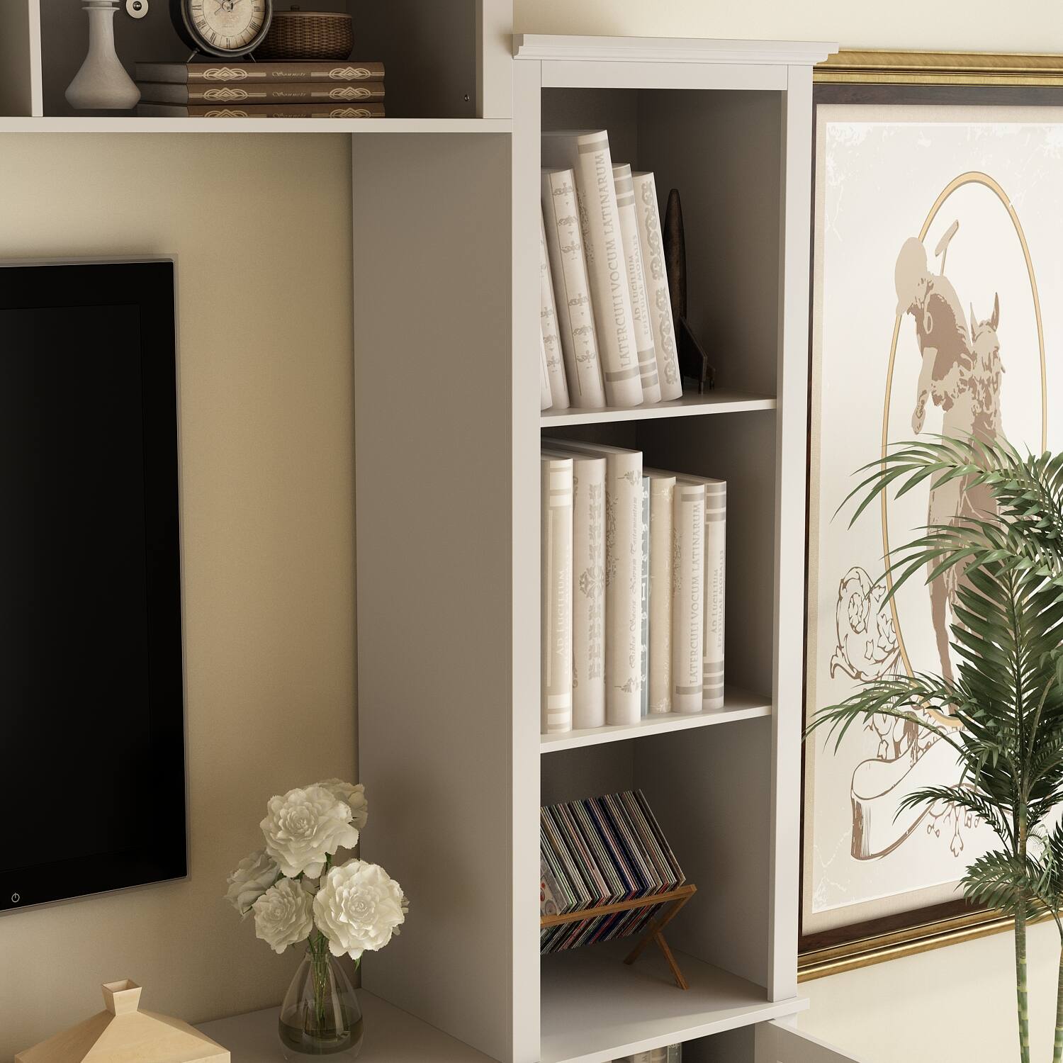 The text on the image is a jumble of words, and it is not possible to group and correct them without knowing the original context. However, based on the image, I can see a bookshelf with books, a TV, a clock, a vase with flowers, and a potted plant. The arrangement of these items suggests that the space is a living room or a similar area where people can relax, read, and watch television.