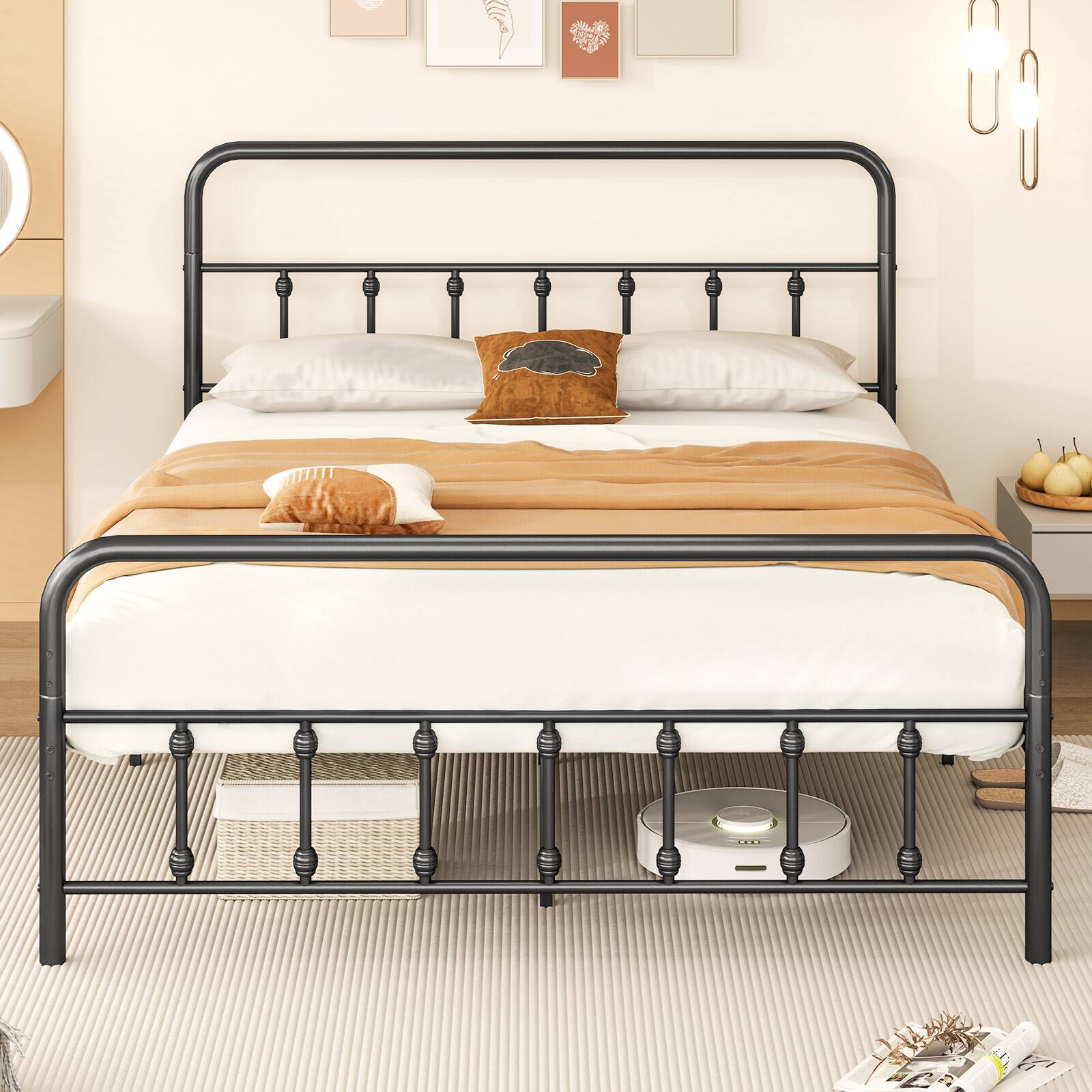 Angle. LUCKY ONE - Queen Assembled Metal Bed Frame with Victorian Headboard Under Bed Storage - Black-Queen.