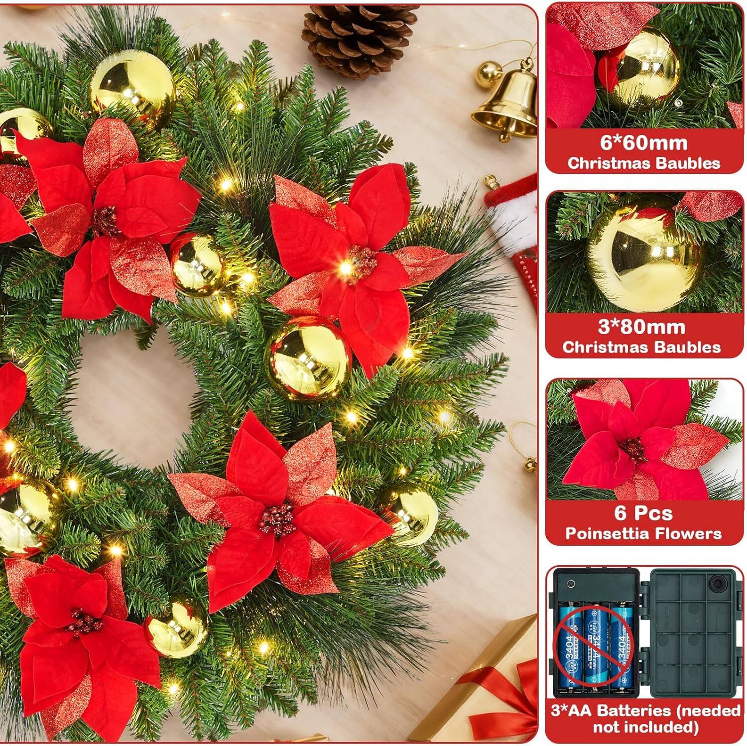 6*60mm Christmas Baubles  
3*80mm Christmas Baubles  
6 Pcs Poinsettia Flowers  
3*AA Batteries (needed not included)