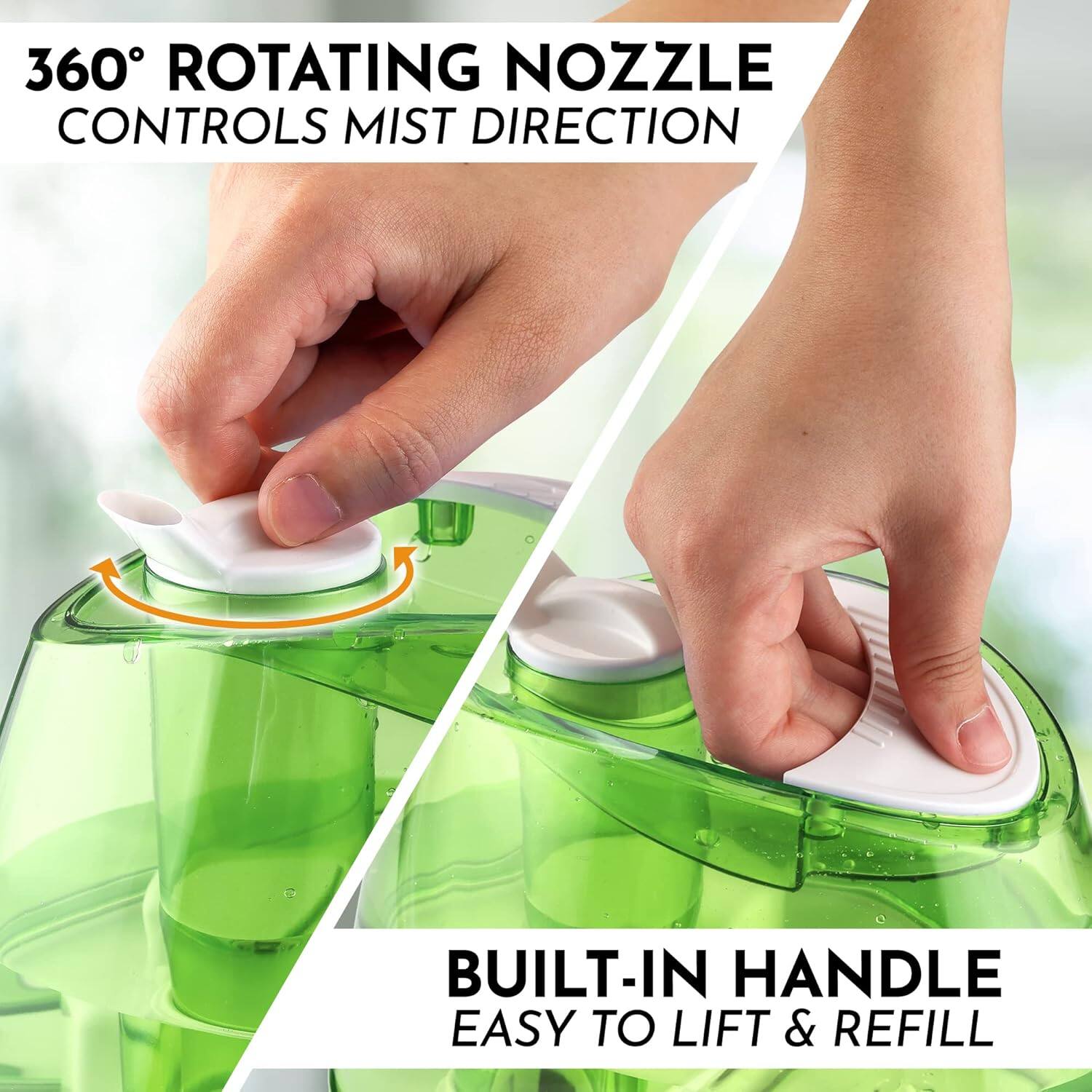 360° Rotating Nozzle Controls Mist Direction. Built-in Handle Easy to Lift & Refill.