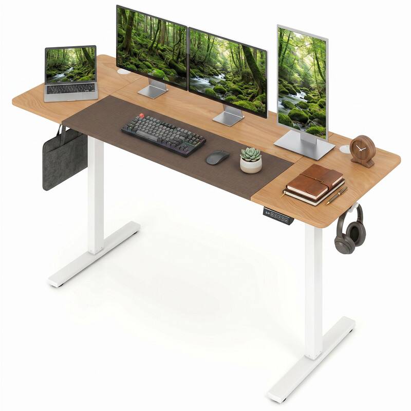 Angle. WELLFOR - 63"x 24" Height Adjustable Sit Stand Computer Desk with 3 Memory Presets&Hanging Hooks,Electric Ergonomic Stand up Desk - Natural.