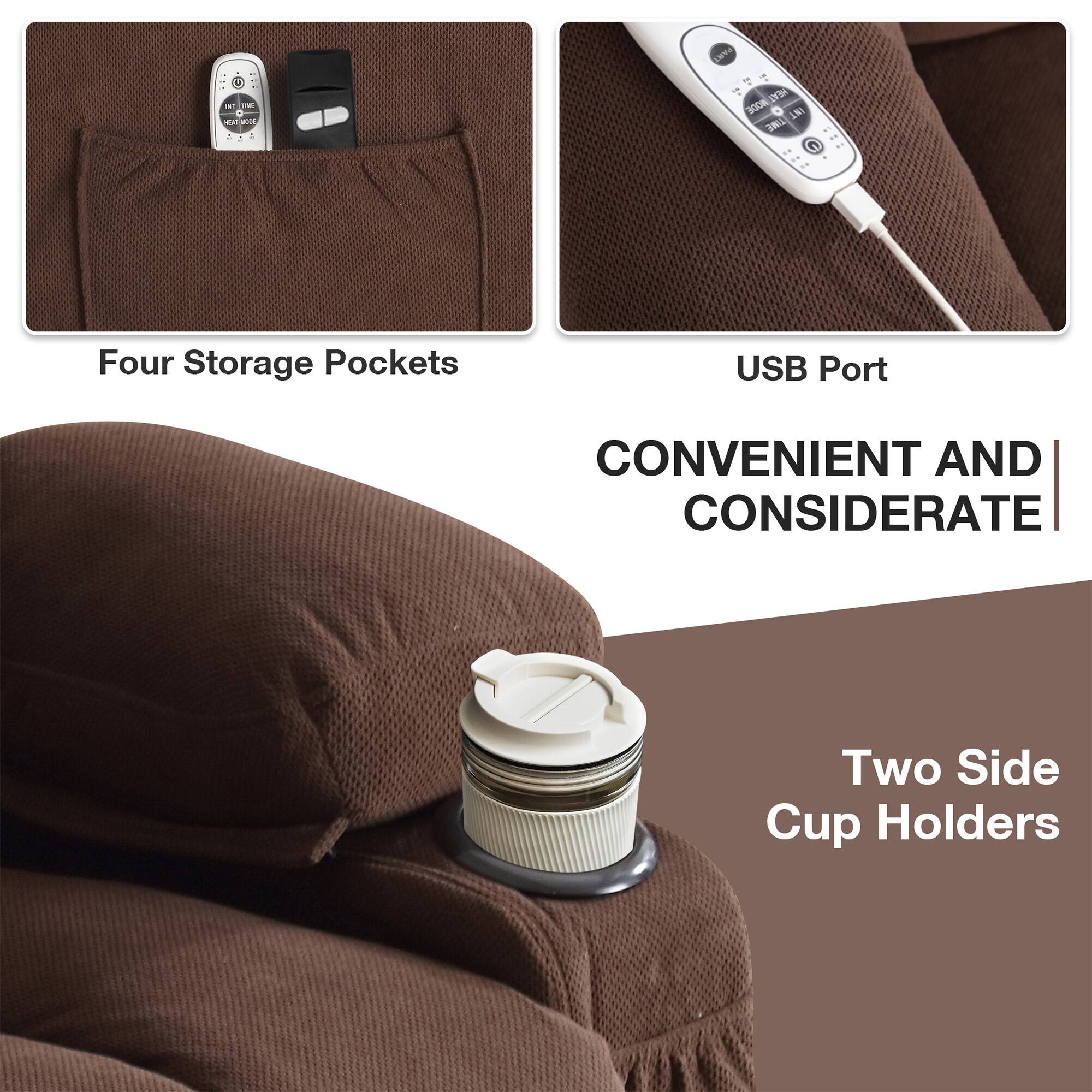 - Four Storage Pockets
- USB Port
- Two Side Cup Holders
CONVENIENT AND CONSIDERATE