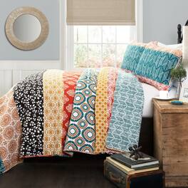 Hivvago - King size Cotton 3 Piece Reversible Teal Orange Bohemian Stripe Quilt Set - Teal, Orange