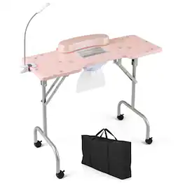 Costway - Folding Manicure Nail Table with Electric Dust Collector LED Lamp Carry Bag - Pink