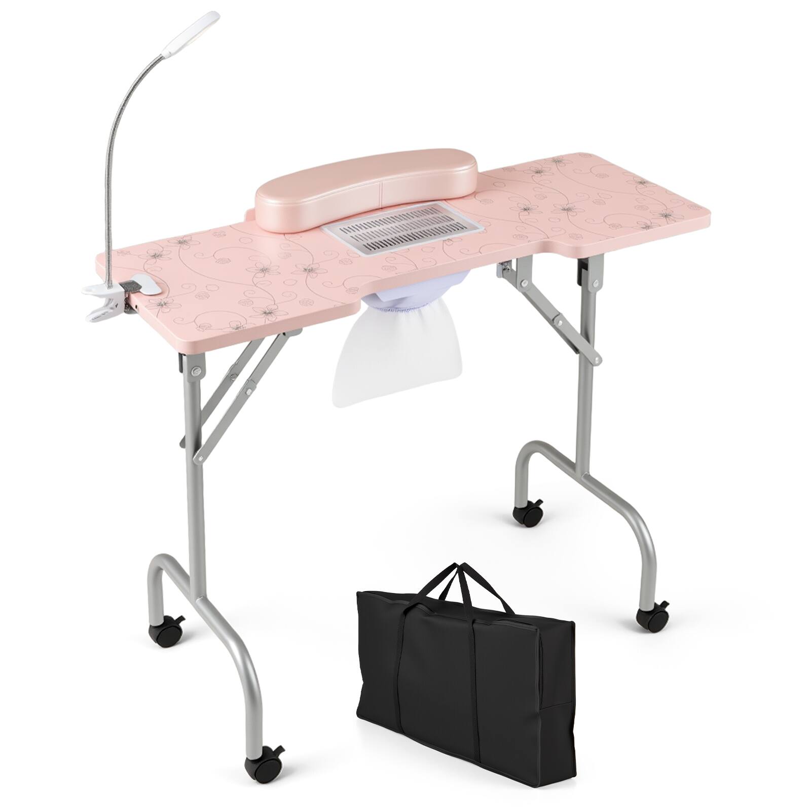 Costway - Folding Manicure Nail Table with Electric Dust Collector LED Lamp Carry Bag - Pink