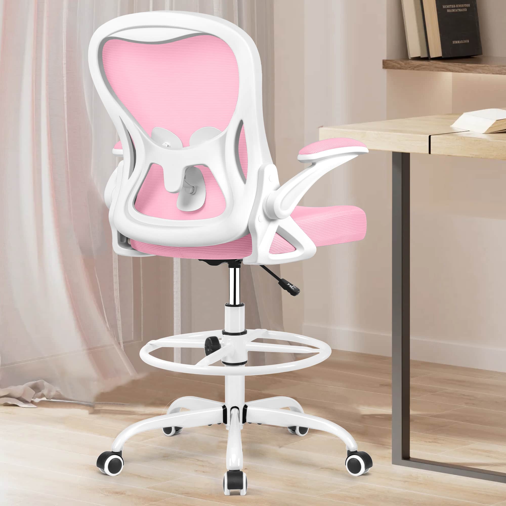 Brick Attic - Drafting Chair, Tall Office Chair Ergonomic Desk Chair, Task Rolling Chair with Adjustable Flip-up Armrests Foot Ring - Pink