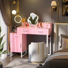 Aheaplus - Vanity Desk With 4 Drawers and Cabinet, Small Makeup Vanity Table With Charge Station for Apartment/Dorm/Bedroom - Pink