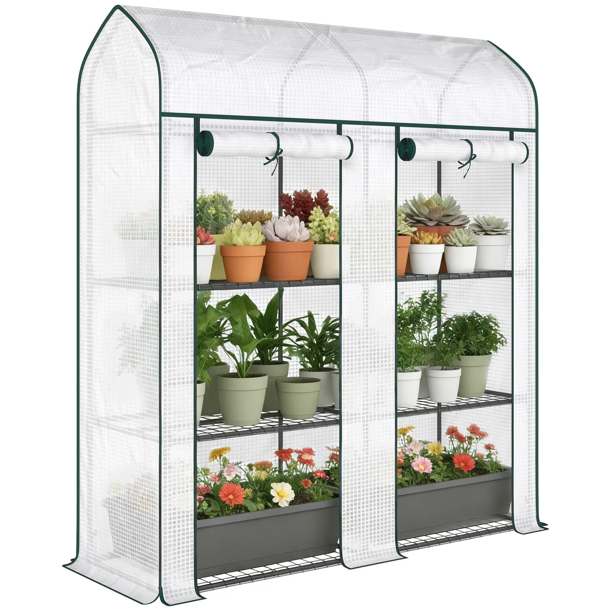 Outsunny - 3 Tier Mini Greenhouse, 56.3" x 18.1" x 65" Small Portable Greenhouse with 2 Roll-up Doors, Garden Plant Growhouse