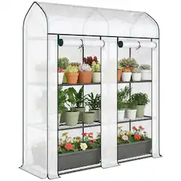 Outsunny - 3 Tier Mini Greenhouse, 56.3" x 18.1" x 65" Small Portable Greenhouse with 2 Roll-up Doors, Garden Plant Growhouse