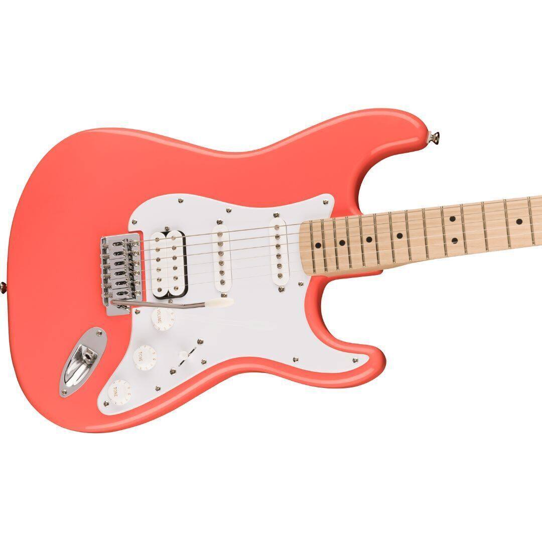 Angle. Fender - Fender Squier Sonic Stratocaster HSS, Maple Fingerboard, White Pickguard, Tahitian Coral Electric Guitar.
