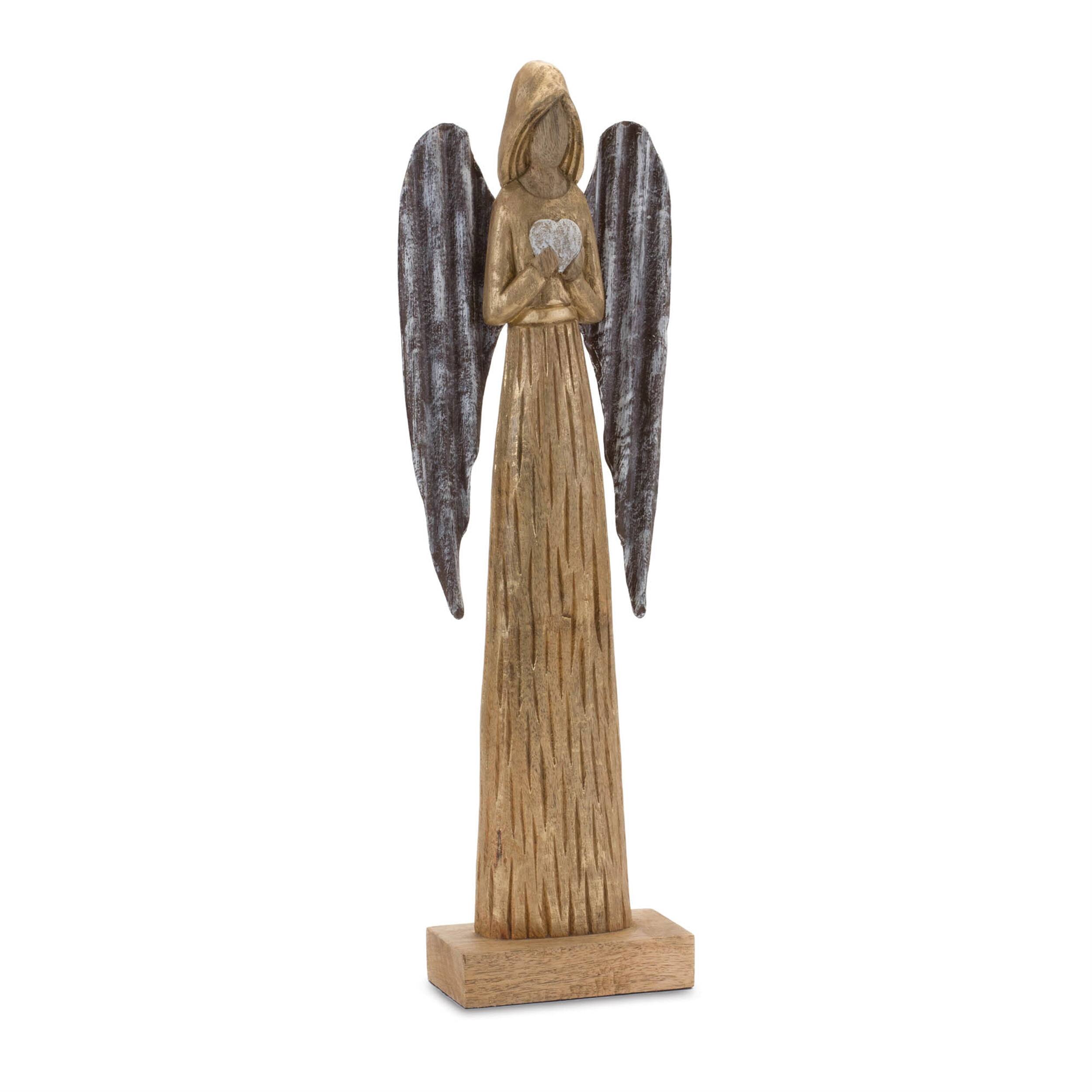 Back. BreeBe - Carved Wood Angel Statue (Set of 2) - Brown, Metal.