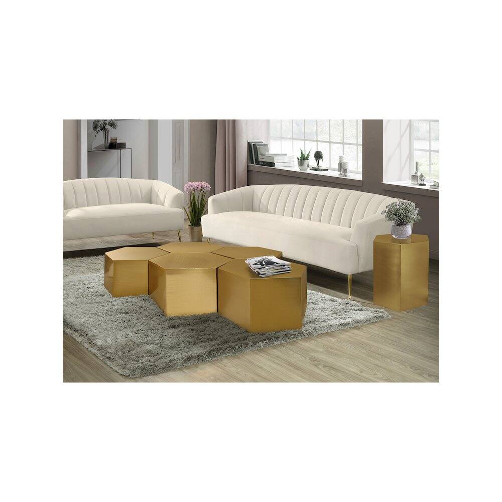 Alt View 1. Meridian Furniture - Hexagon Brushed Gold Coffee Table - Gold.