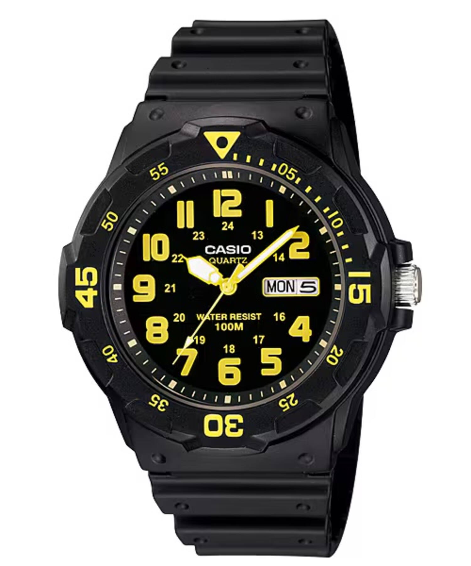 Sure, here is the corrected and grouped text from the image:

- CASIO
- QUARTZ
- WATER RESIST 100M
- MON 5
- 12
- 1
- 2
- 3
- 4
- 5
- 6
- 7
- 8
- 9
- 10
- 11
- 12
- 13
- 14
- 15
- 16
- 17
- 18
- 19
- 20
- 21
- 22
- 23
- 24
- 25
- 26
- 27
- 28
- 29
- 30
- 31
- 32
- 33
- 34
- 35
- 36
- 37
- 38
- 39
- 40
- 41
- 42
- 43
- 44
- 4