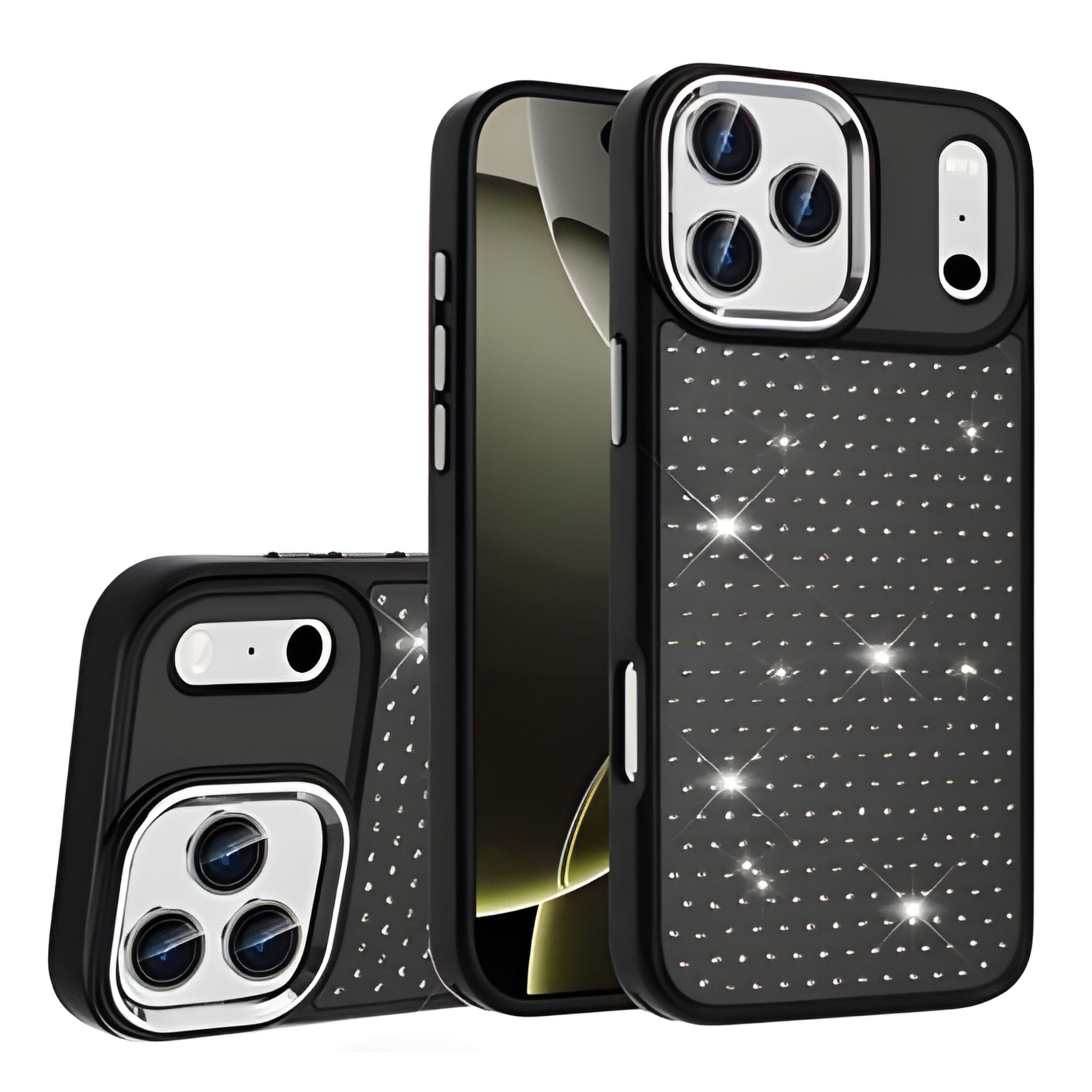Kitcheniva - Faux Crystals Chrome Plated Phone Case With Tempered Glass For iPhone 17 Pro Max - Black