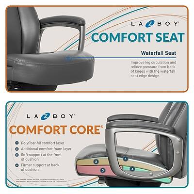 LA BOY COMFORT SEAT

Waterfall Seat
Improve leg circulation and relieve pressure from back of knees with the waterfall seat edge design.

LA Z BOY COMFORT CORE

Polyfiber-fill comfort layer
Additional comfort foam layer
Soft support at the front of cushion
Firmer support at back of cushion