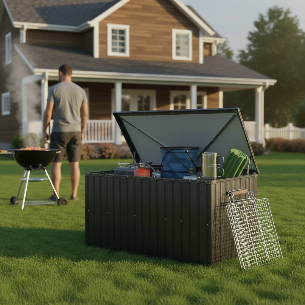 Front. HOMLUX - Metal Storage Box Store Medium Outdoor Deck Box Patio Storage Bin Chests Storage and Organization - Black.