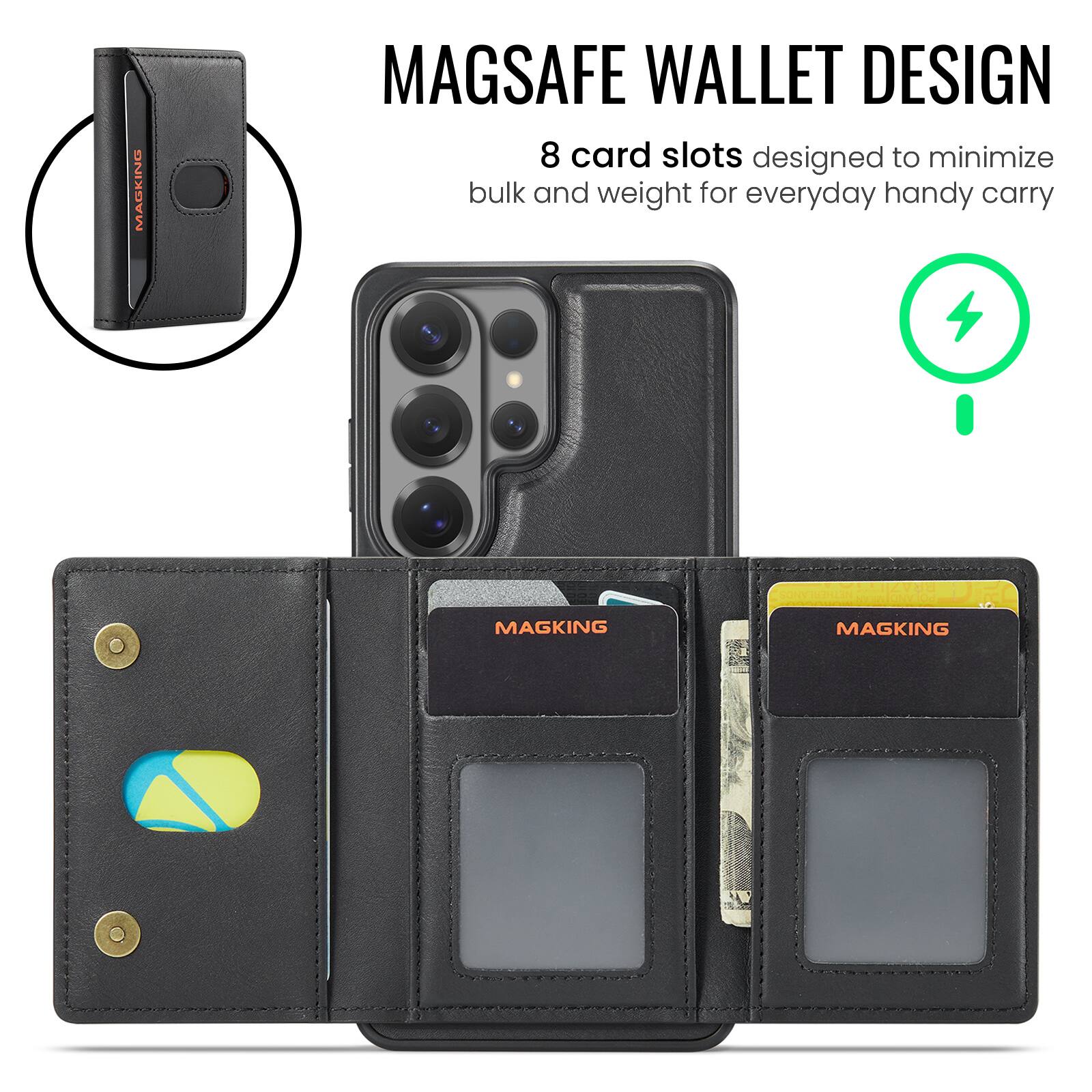 MAGKING  
MAGSAFE WALLET DESIGN  
8 card slots designed to minimize bulk and weight for everyday handy carry  
MAGKING  
BRAZILED NETHERLANDS, POLANDIMIO PEO so MAGKING