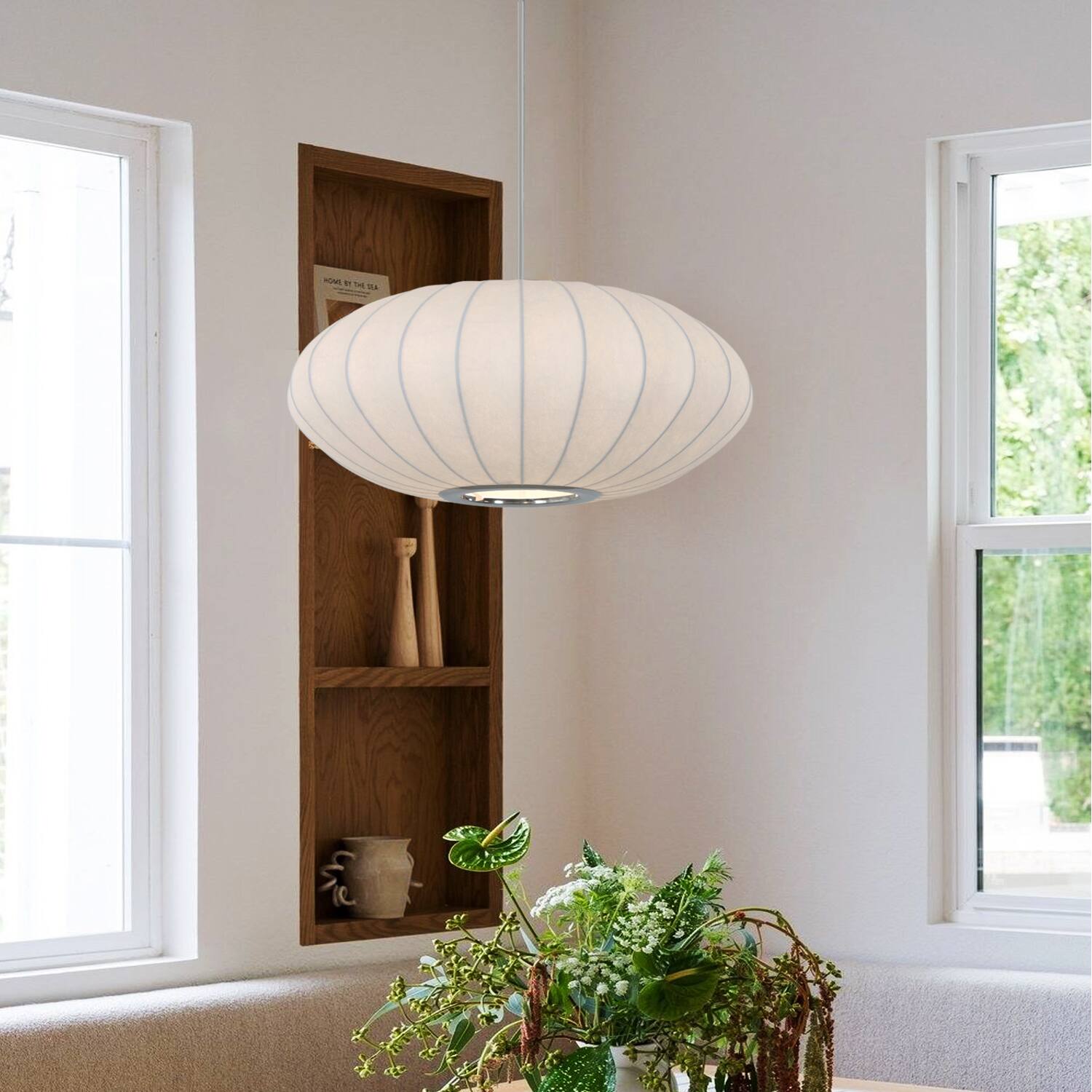 Angle. Umeiluce - 15.7 Inches Oval Pendant Light Silk Shade Dimmable - White.
