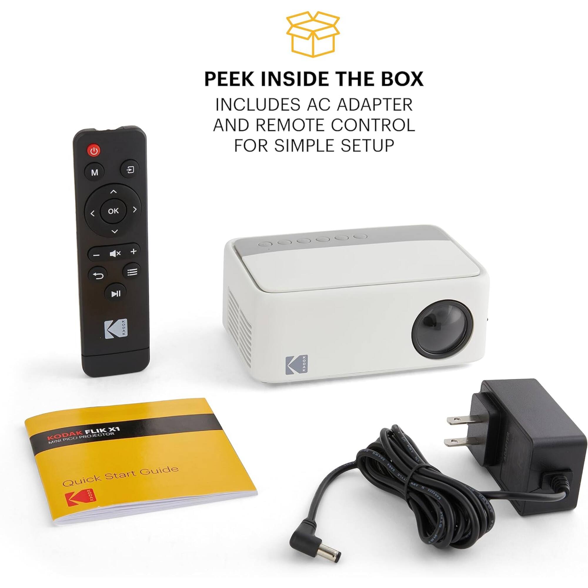PEEK INSIDE THE BOX INCLUDES AC ADAPTER AND REMOTE CONTROL FOR SIMPLE SETUP