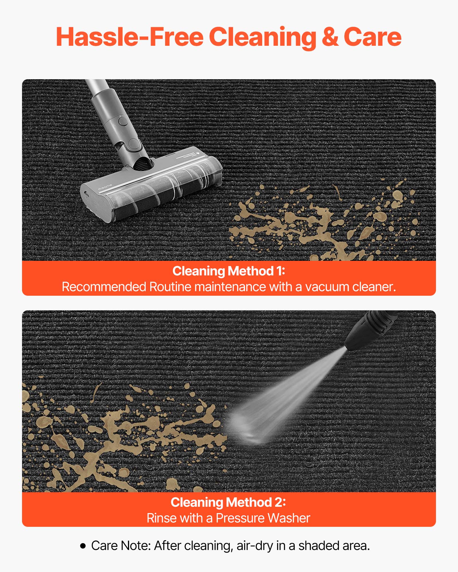 Hassle-Free Cleaning & Care

Cleaning Method 1:
Recommended Routine maintenance with a vacuum cleaner.

Cleaning Method 2:
Rinse with a Pressure Washer

Care Note: After cleaning, air-dry in a shaded area.