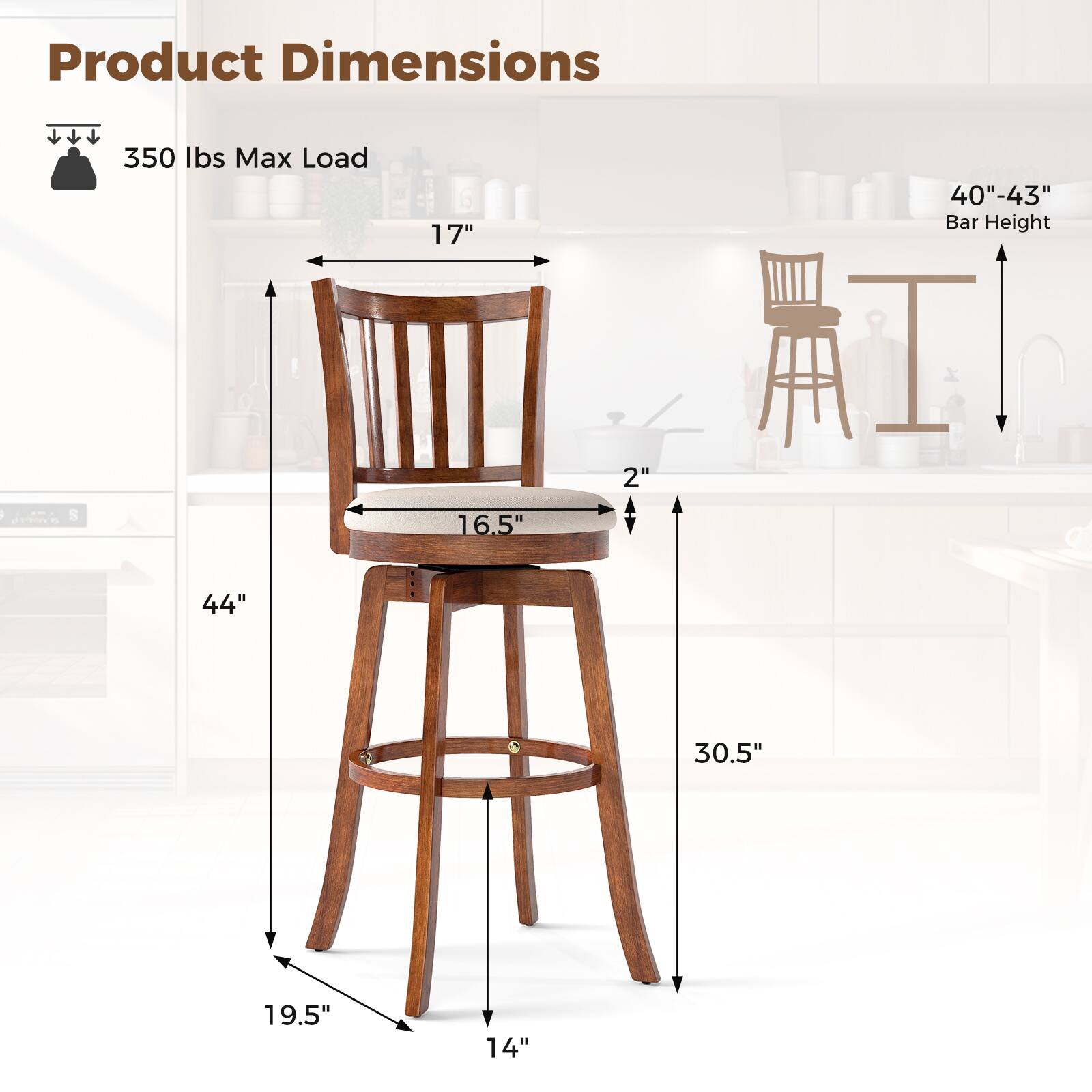 Product Dimensions  
350 lbs Max Load  
17"  
40"-43" Bar Height  
2" - 16.5"  
44"  
30.5"  
19.5"  
14"