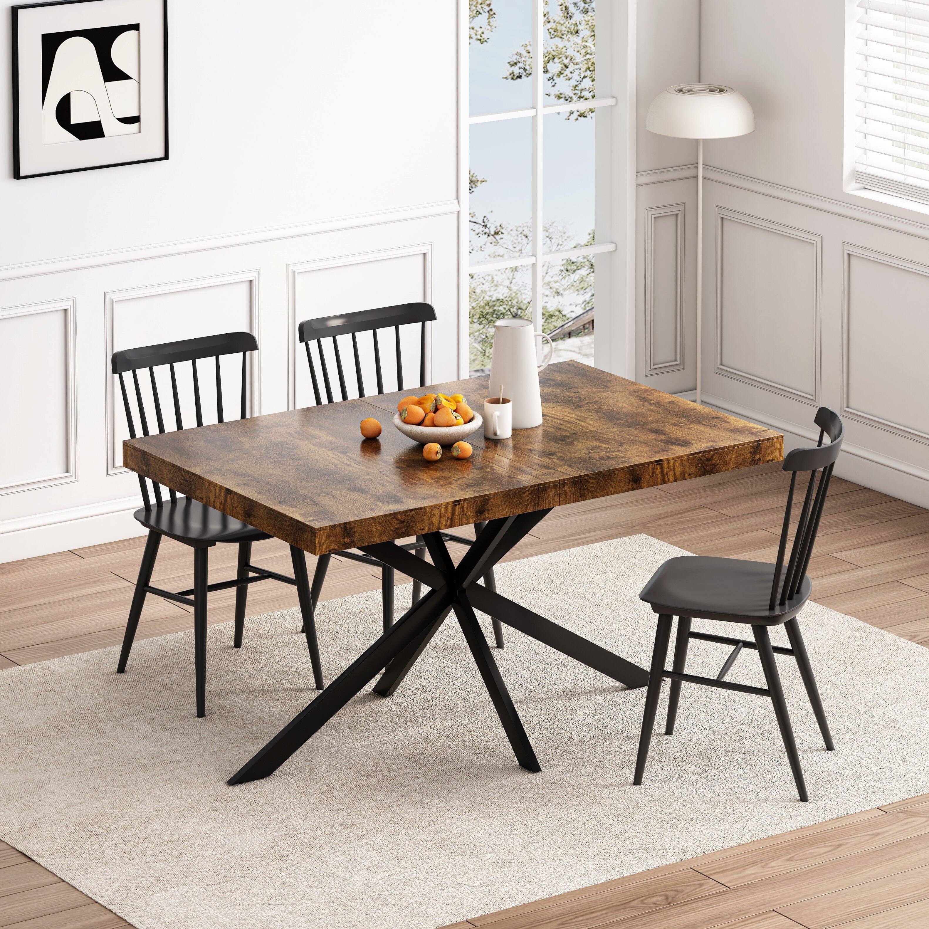 Left. Tiramisubest - Retro Rectangular Stretch Dining Table with Storage Box,Antique Wood Top And Black Relief Plate,Iron Foot Base - Black Brown.