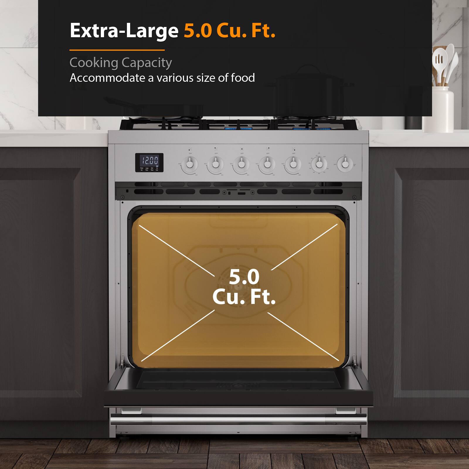 Extra-Large 5.0 Cu. Ft. Cooking Capacity Accommodate a various size of food 5.0 Cu. Ft.