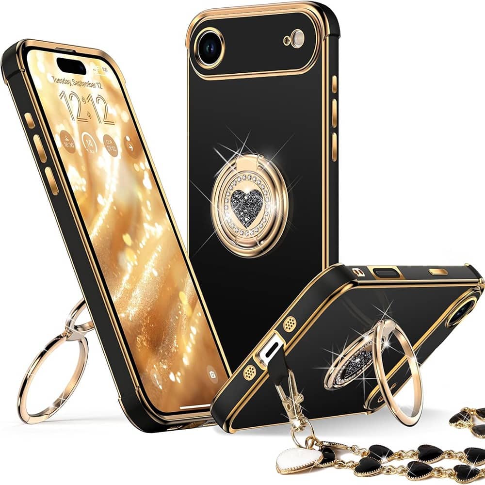 ACJPR - iPhone 17 Air Case with Double Ring Stand, Luxury Bling Heart, Black - Color: Black Size: iPhone 17 Air