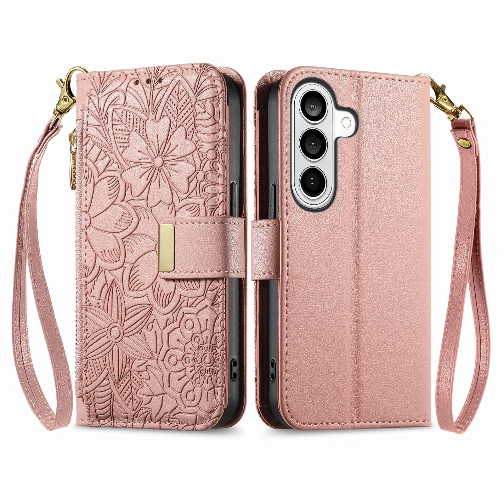 Angle. UUCOVER - Floral PU Leather Wallet Case for Samsung Galaxy S26 with Zipper Pocket, Cash Card Slot Holder, Shoulder & Wrist Strap - Rosegold.