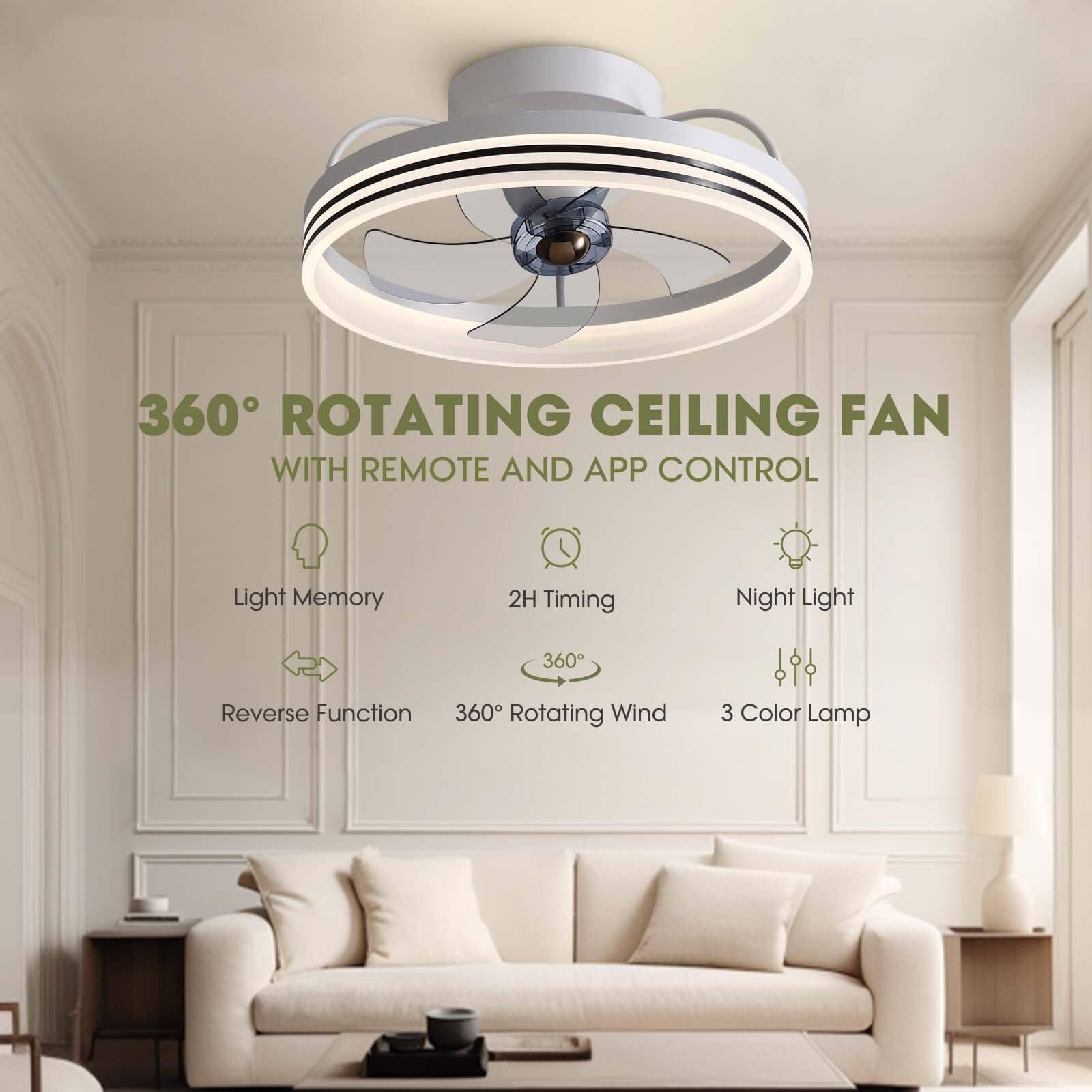 360° ROTATING CEILING FAN  
WITH REMOTE AND APP CONTROL

- Light Memory
- 2H Timing
- Night Light
- Reverse Function
- 360° Rotating Wind
- 3 Color Lamp