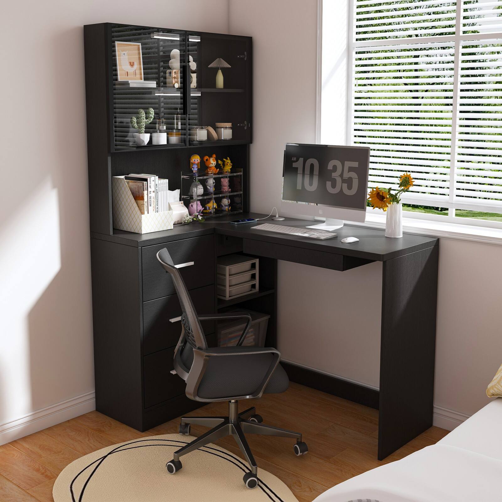 Alt View 9. Glintex - L-Shaped Desk，Glass Cabinets，Customizable LED Lighting, USB Ports, Keyboard Shelf, Drawers, Durable MDF Construction - Black.