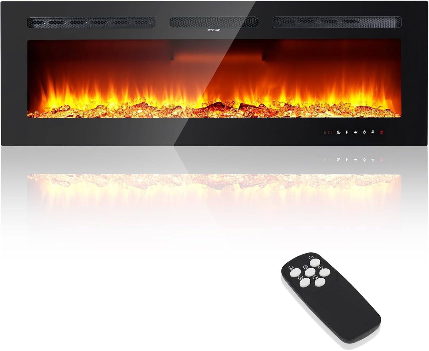 Jojoka - 50" Wall-Mounted Electric Fireplace, 750W/1500W, 12 Flame Colors, Remote/WiFi Control, Slim Design - Black