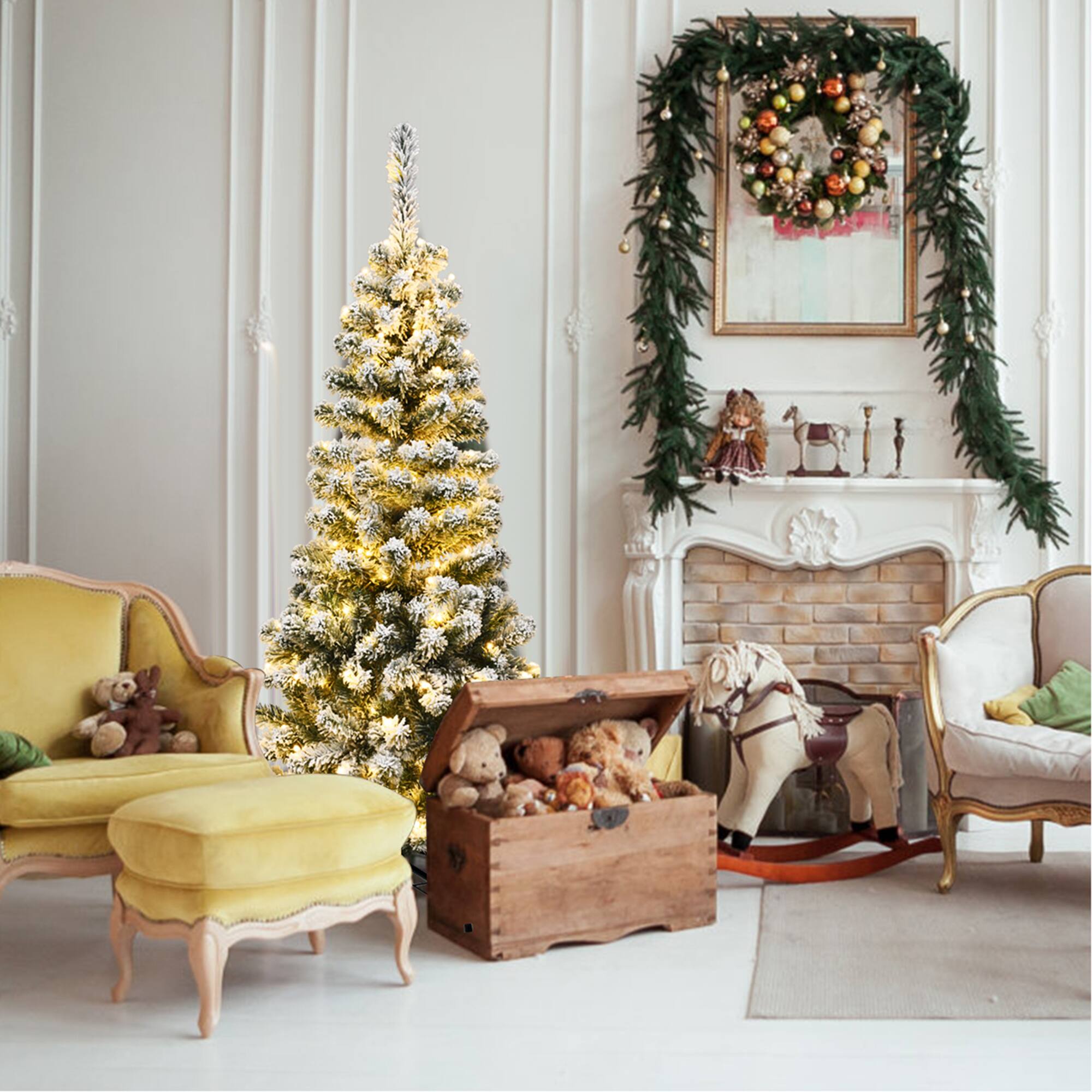 Alt View 2. Gymax - Gymax 4.5ft Pre-lit Pencil Snow Flocked Pencil Christmas Tree Holiday Decoration - Green + White.