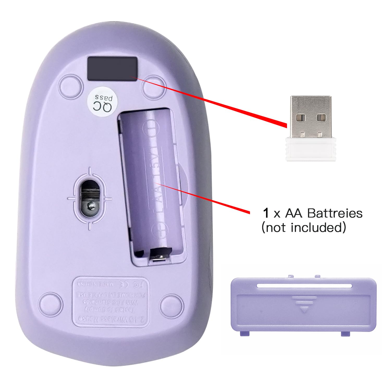 Pass QC OAVCO VNLCO N J0ve 3 H USE 3 130 10 MOBTONE Standards 391 Comply f pOe Mouse Wireless 2.4g 1 x AA Batteries (not included)