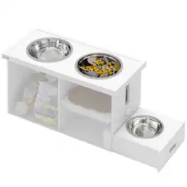 Pawhut - Elevated Dog Bowls with Feeder Mat & Function, Pet Feeding Station with Cabinet, Bowls for Large & Extra Large Dogs - White
