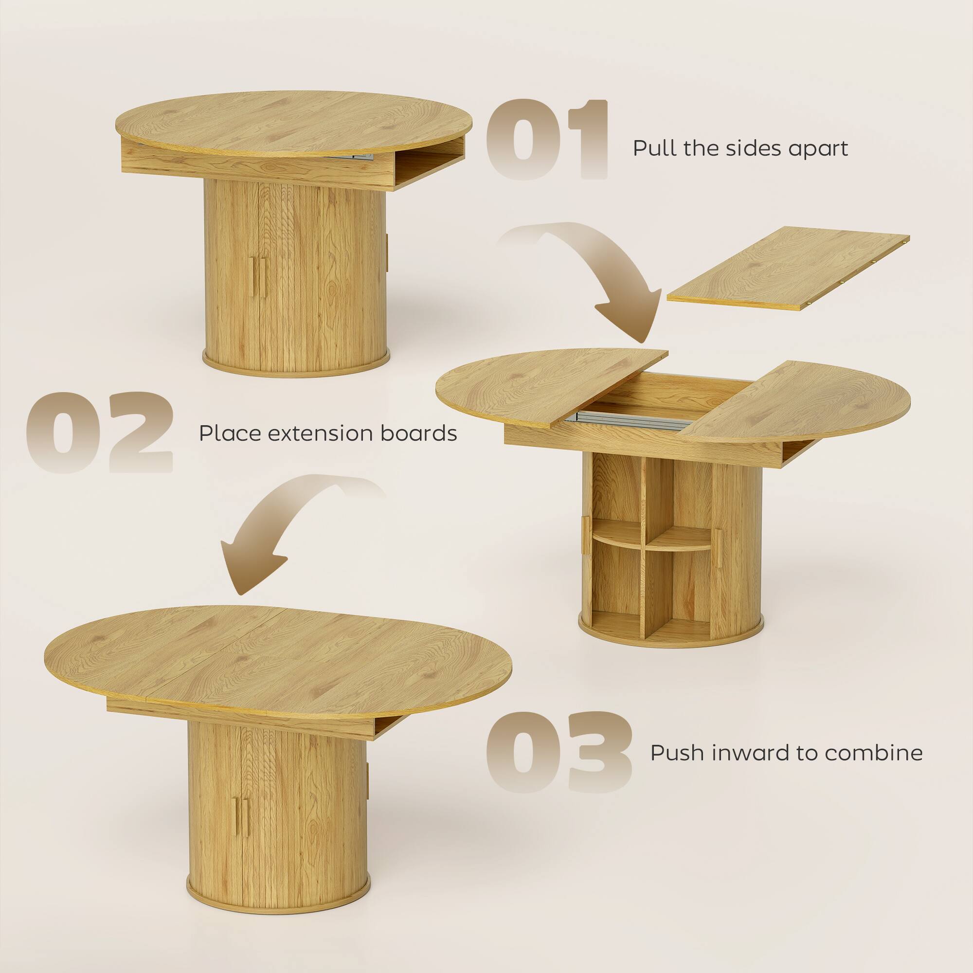 01 Pull the sides apart  
02 Place extension boards  
03 Push inward to combine