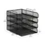 The image features a black mesh shelf with three shelves. The shelves are labeled with their dimensions, including the height, width, and depth. The shelf is designed to hold items securely and efficiently.