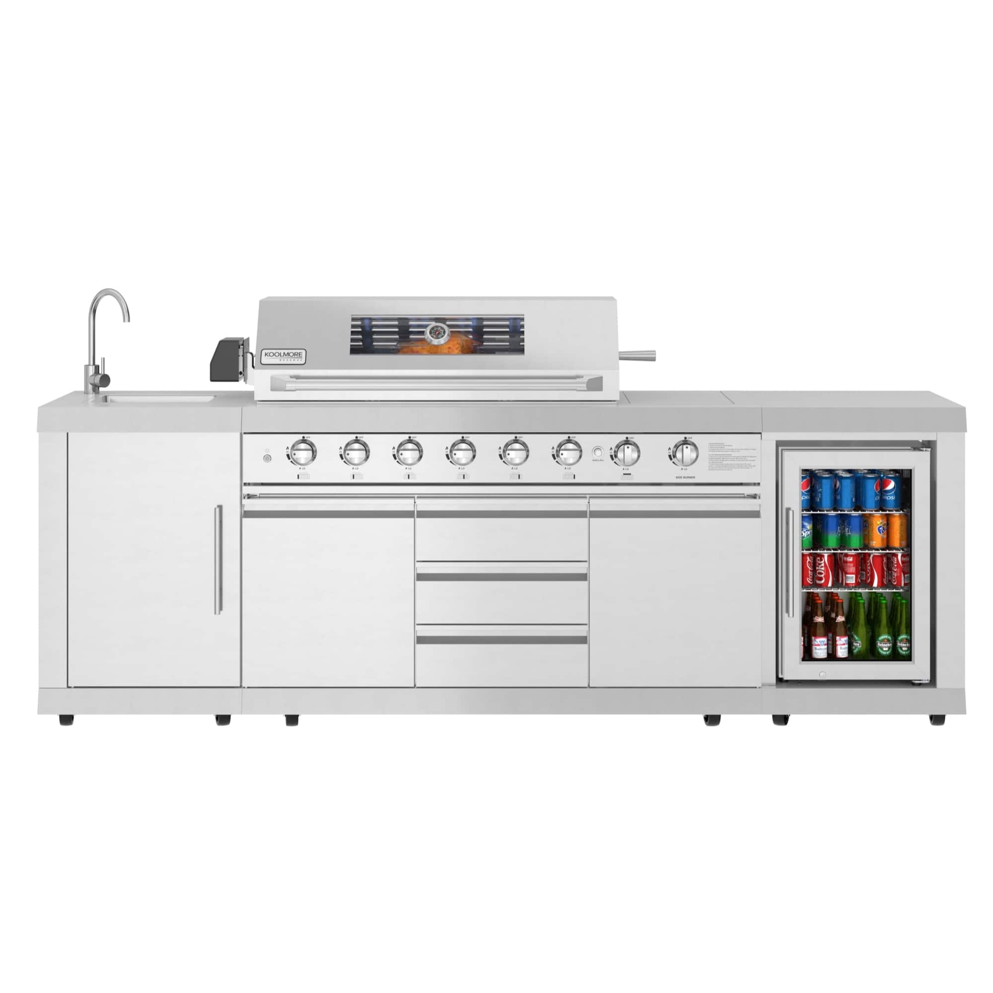 Front. Koolmore - KoolMore Reserve Outdoor Kitchen Island with 6 Burner Grill and Side Burner, Sink, Storage Cabinet and Refrigerator - Stainless Steel.