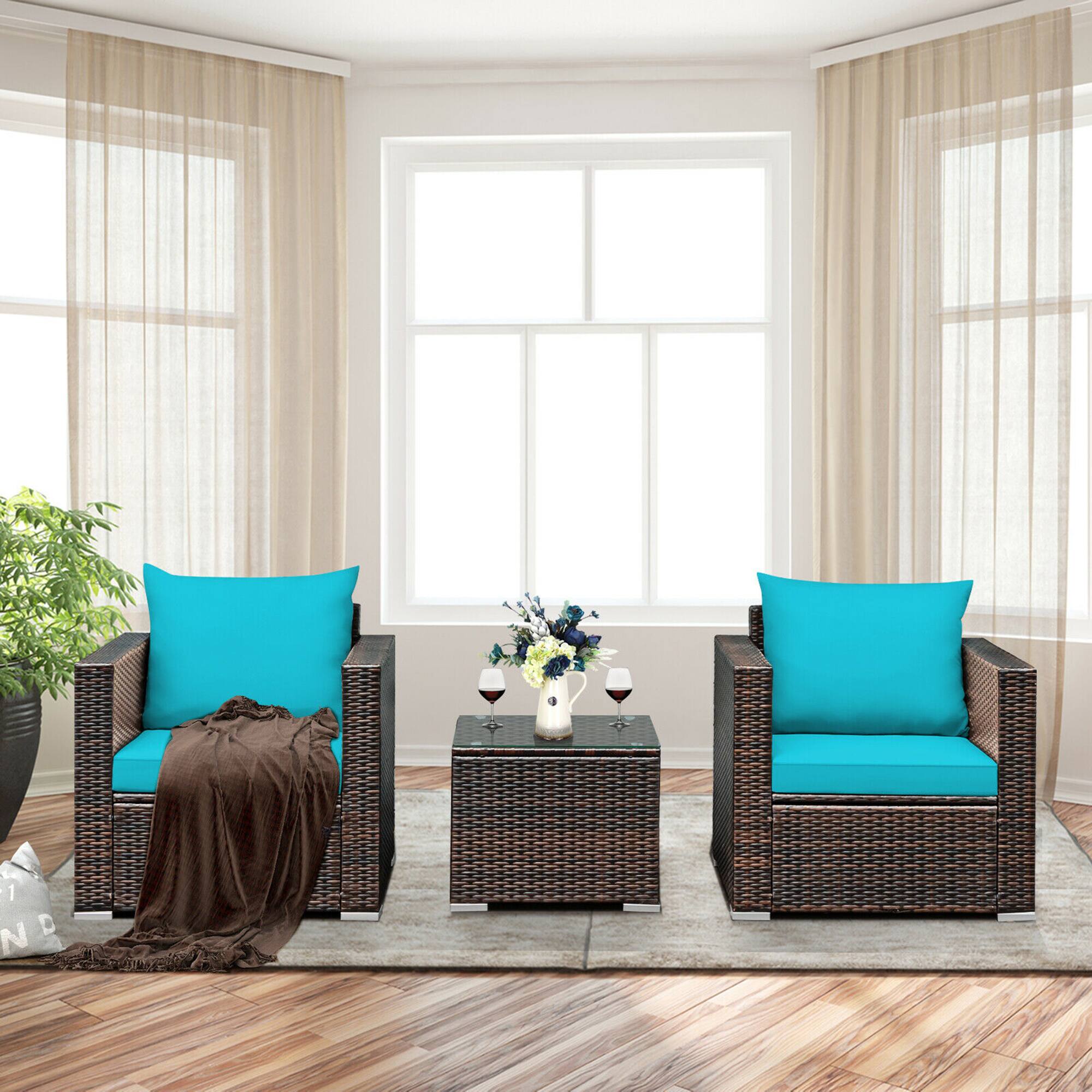 Alt View 9. Gymax - Gymax 3PCS Rattan Patio Outdoor Conversation Furniture Set w/ Turquoise Cushions - Turquoise.