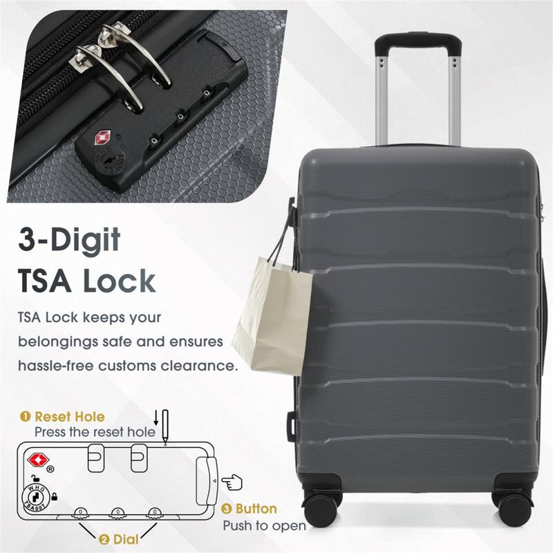 3-Digit TSA Lock  
TSA Lock keeps your belongings safe and ensures hassle-free customs clearance.  

1. Reset Hole  
Press the reset hole  

2. Dial  

3. Button  
Push to open