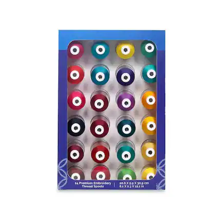 24 Premium Embroidery Thread Spools
20.6 x 5.9 x 30.9 cm
8.1 x 2.3 x 12.1 in