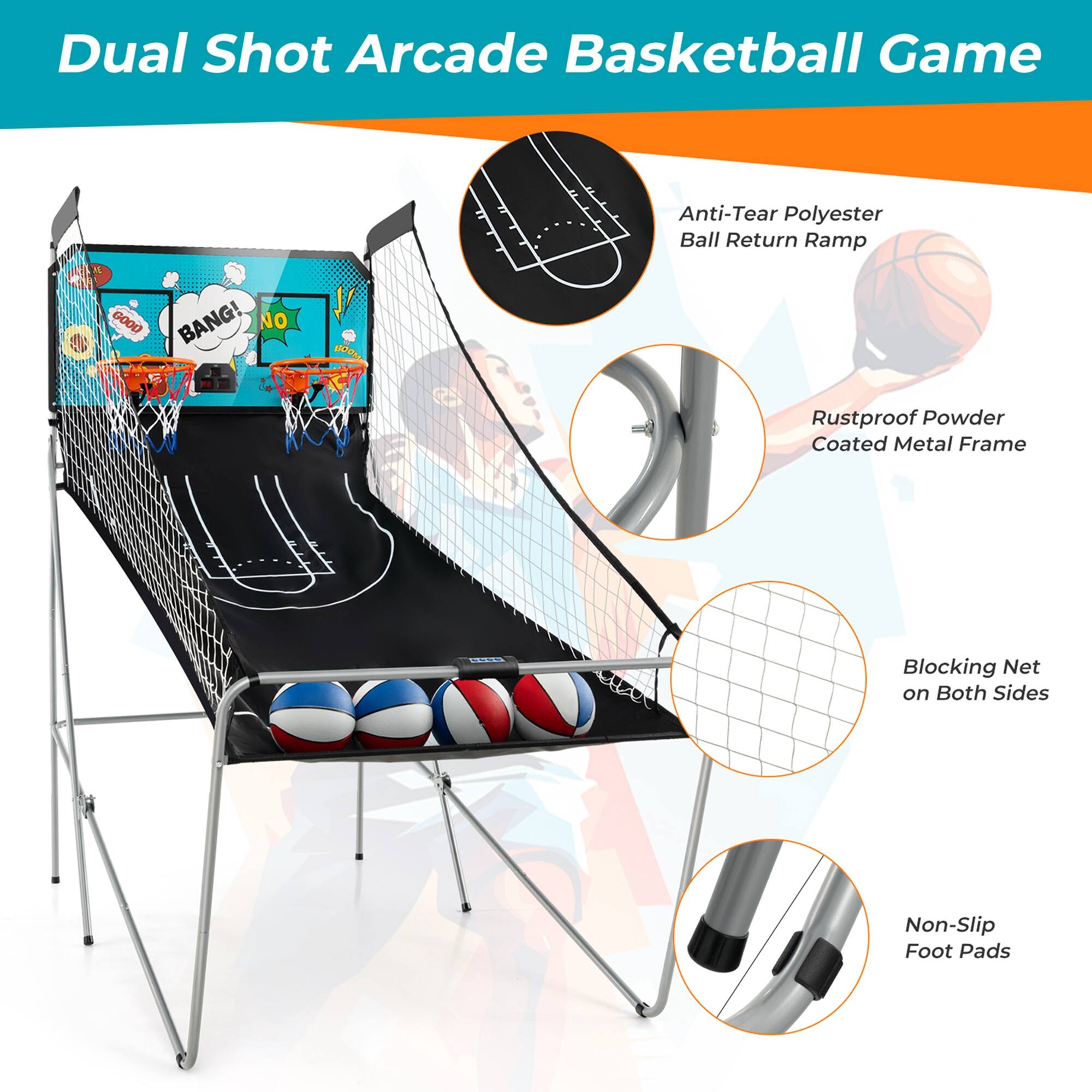 Dual Shot Arcade Basketball Game Anti-Tear Polyester Ball Return Ramp Rustproof Powder Coated Metal Frame - Blocking Net on Both Sides Non-Slip Foot Pads