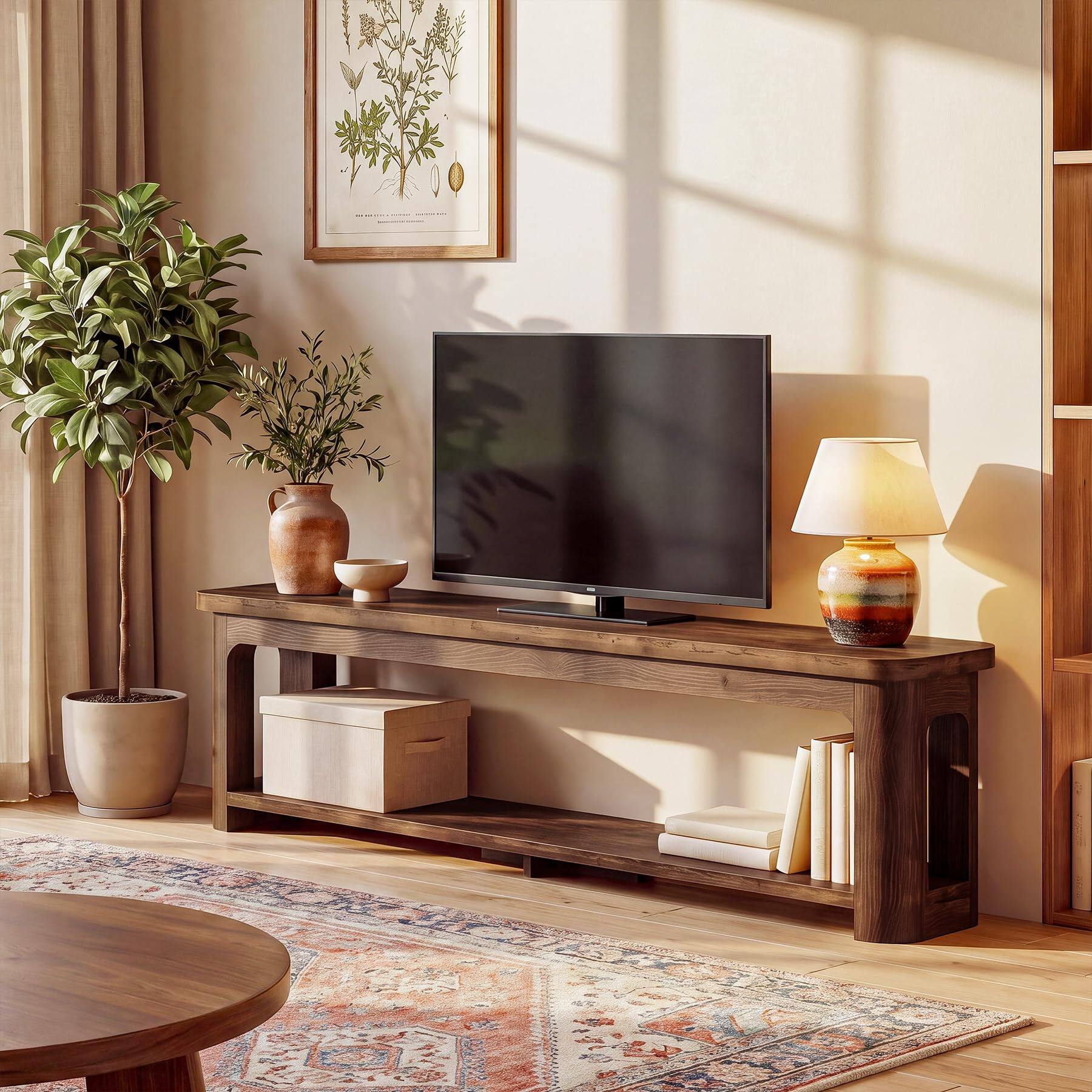 Back. Tribesigns - 71" Solid Wood TV Stand for TVs up to 75", Farmhouse TV Console - Rustic Brown.