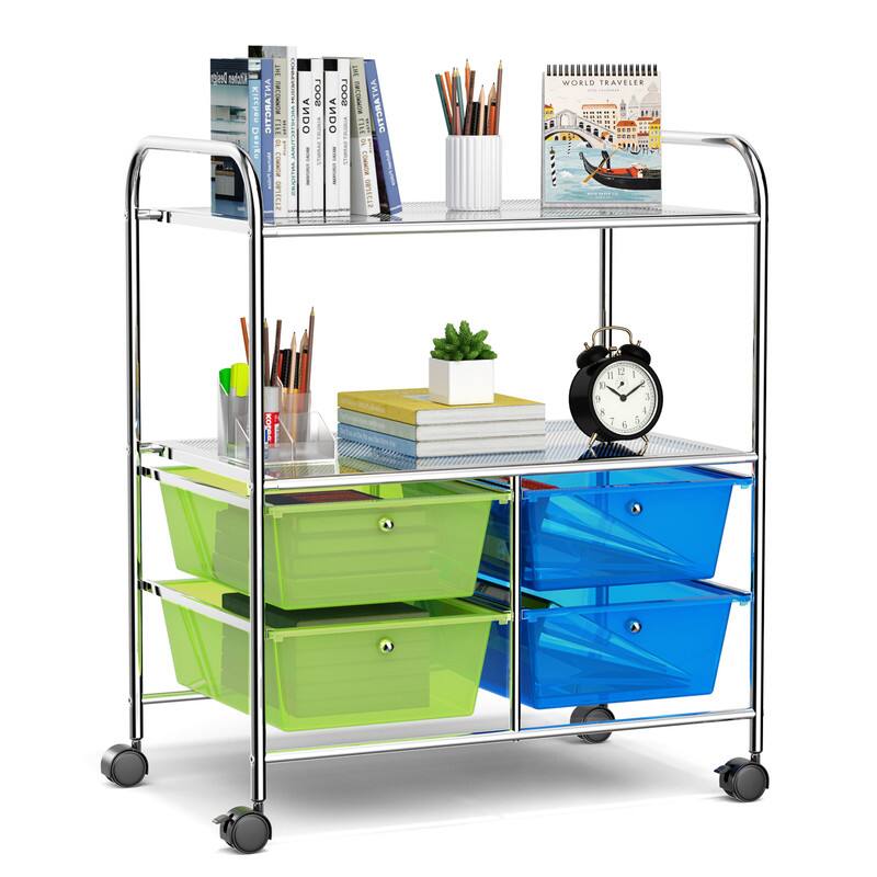 WELLFOR- 4 Drawers Rolling Storage Cart Rack with 2 Shelves Storage, Mobile Utility Organizer for Art & Craft Storage- Green & Blue