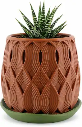 JuzToys - 3D Printed Salir Planter with Drip Tray, Small Indoor Plant Pot w/Saucer, Modern Decorative Desk Shelf Decor by PowerTRC - Brown|Green