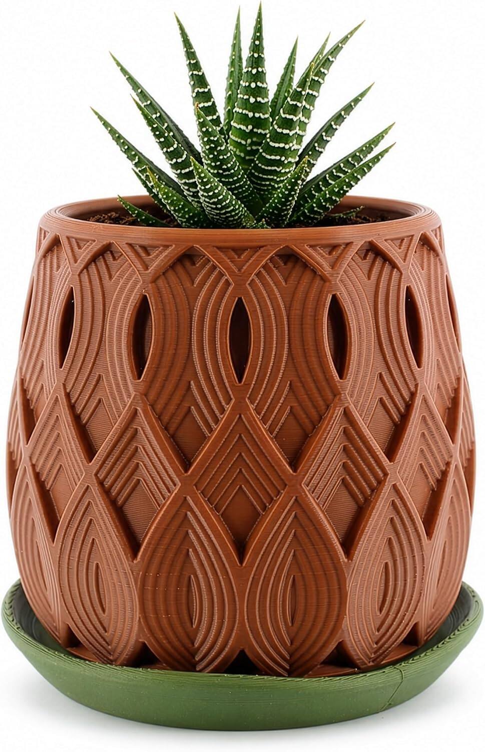 Front. JuzToys - 3D Printed Salir Planter with Drip Tray, Small Indoor Plant Pot w/Saucer, Modern Decorative Desk Shelf Decor by PowerTRC - Brown|Green.