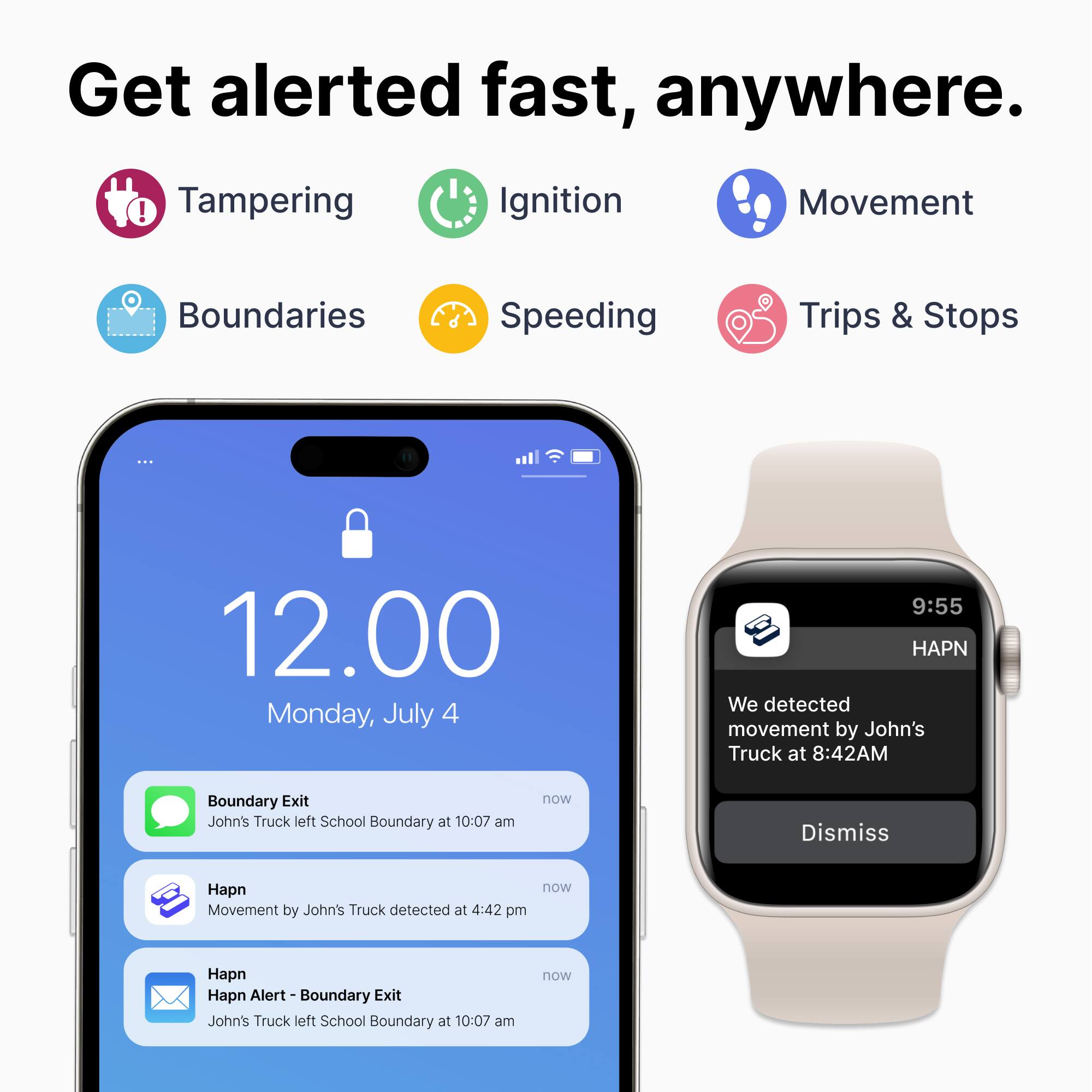 Get alerted fast, anywhere.

- Tampering
- Ignition
- Movement
- Boundaries
- Speeding
- Trips & Stops

12.00  
Monday, July 4

Boundary Exit  
John's Truck left School Boundary at 10:07 am  
now

Hapn  
Movement by John's Truck detected at 4:42 pm  
now

Hapn Alert - Boundary Exit  
John's Truck left School Boundary at 10:07 am  
now

9:55  
HAPN  
We detected movement by John's Truck at 8:42AM  
Dismiss