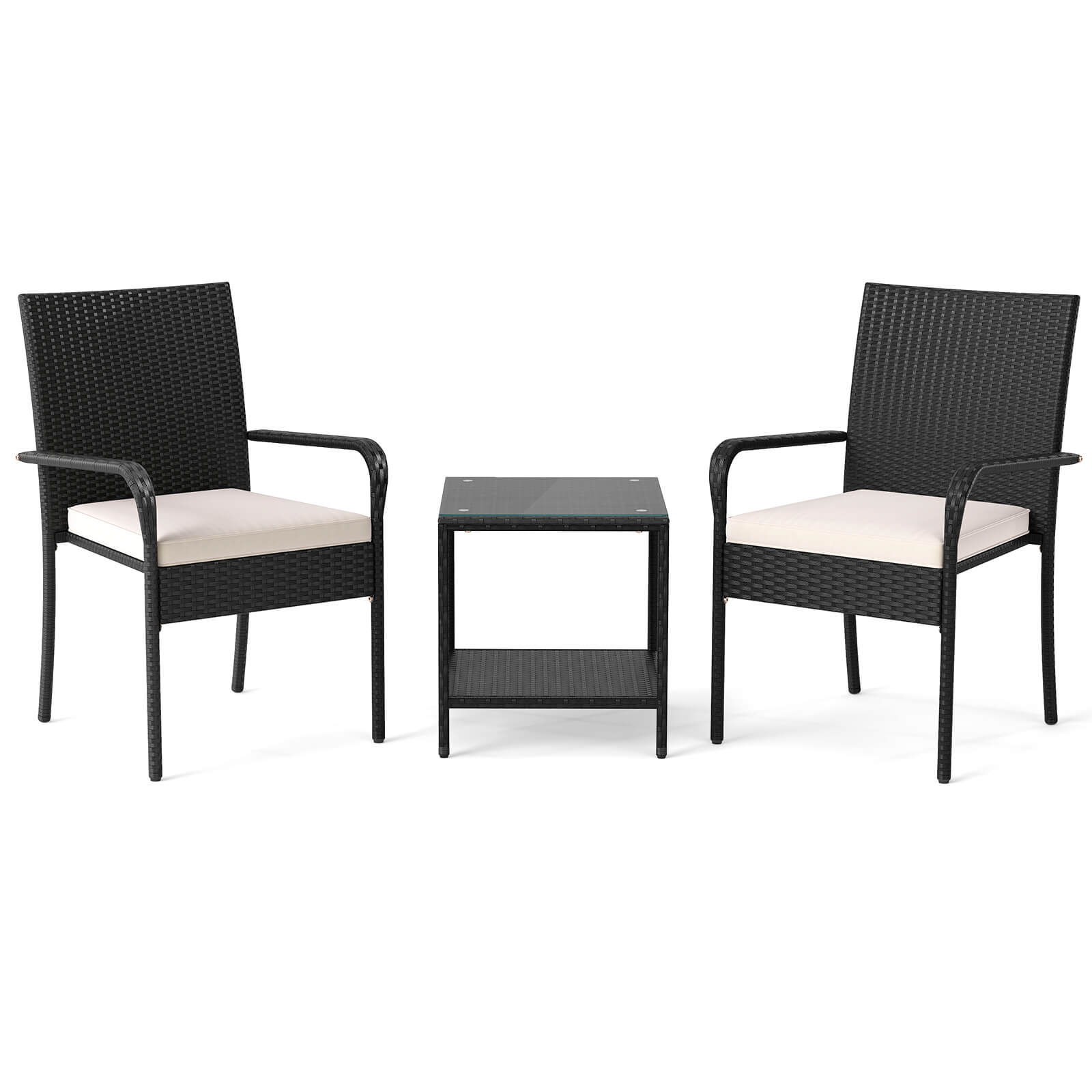 Alt View 9. Costway - Costway 3 PCS Patio Furniture Set with 2-Tier Table Tempered Glass Tabletop & Soft Cushions - Black & White.