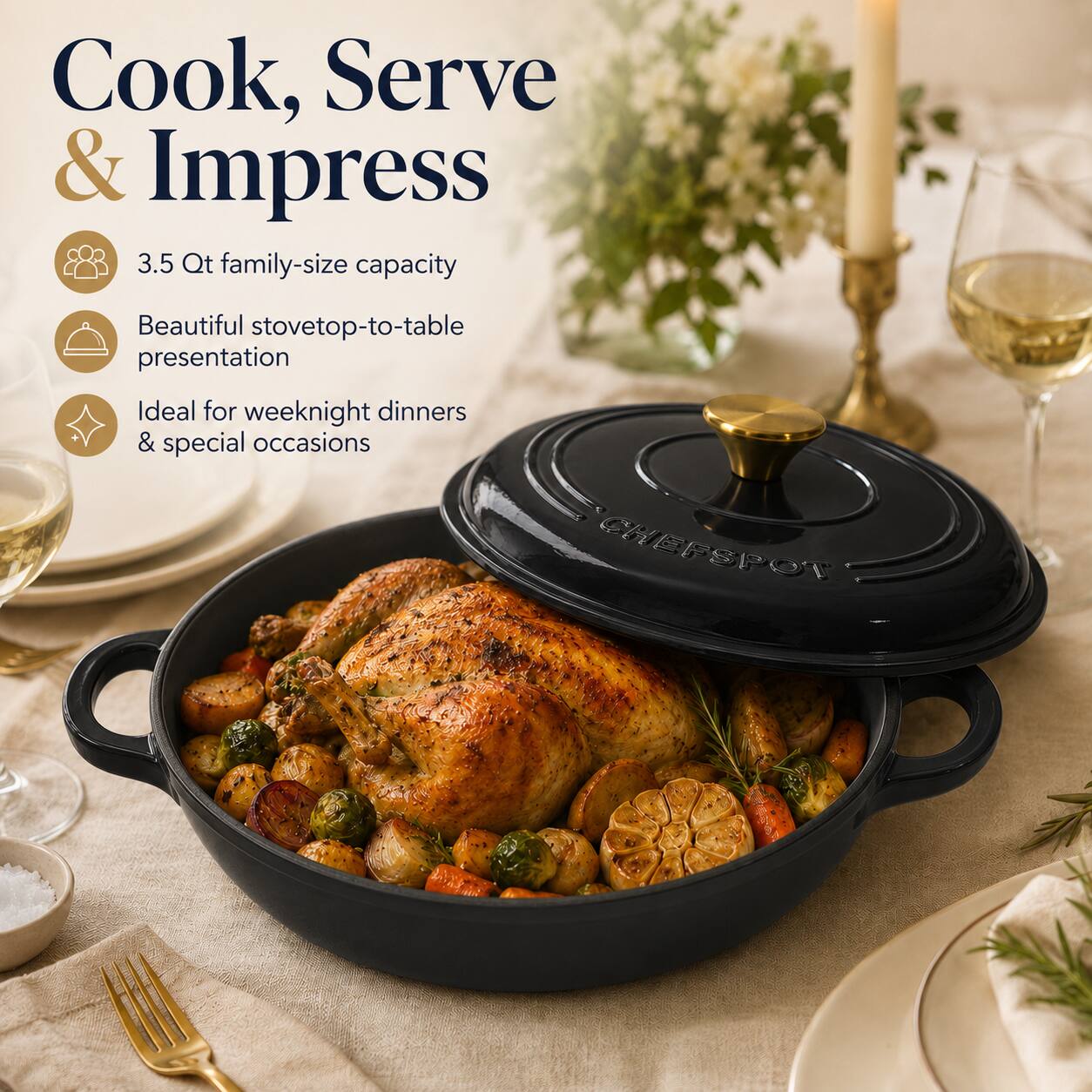 Cook, Serve & Impress  
3.5 Qt family-size capacity  
Beautiful stovetop-to-table presentation  
Ideal for weeknight dinners & special occasions  
CHEFSPOT