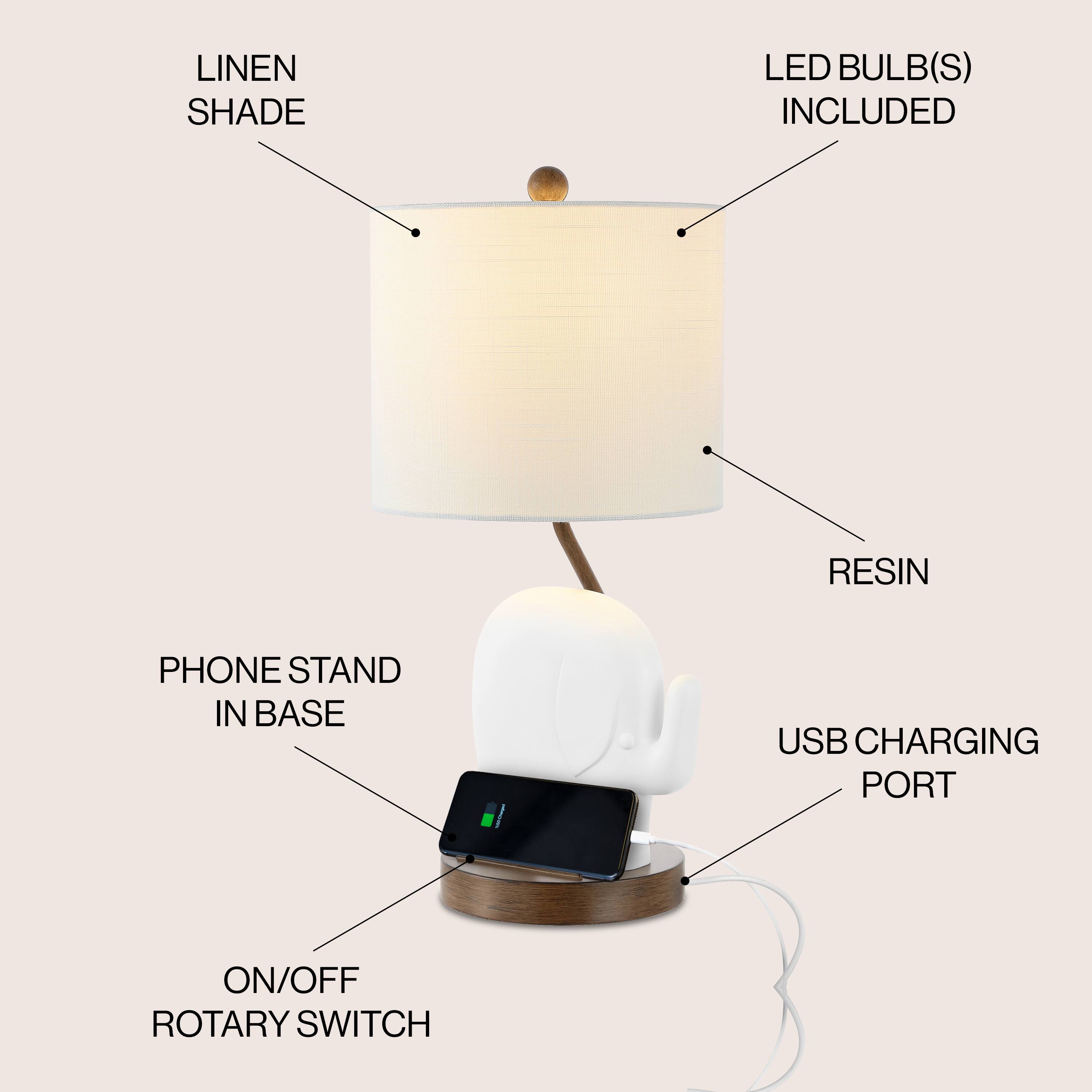 LINEN SHADE LED BULB(S) INCLUDED RESIN PHONE STAND IN BASE USB CHARGING PORT ON/OFF ROTARY SWITCH